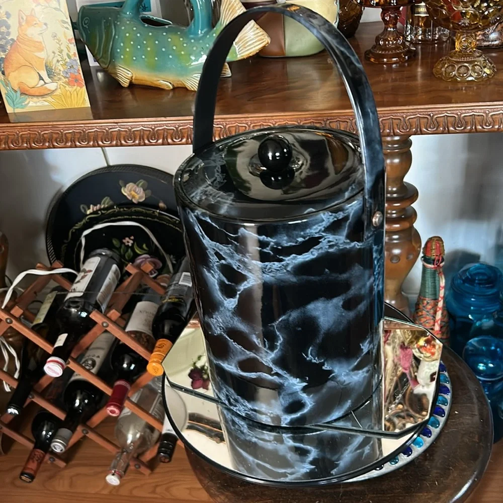 Vintage Black MARBLE ICE BUCKET